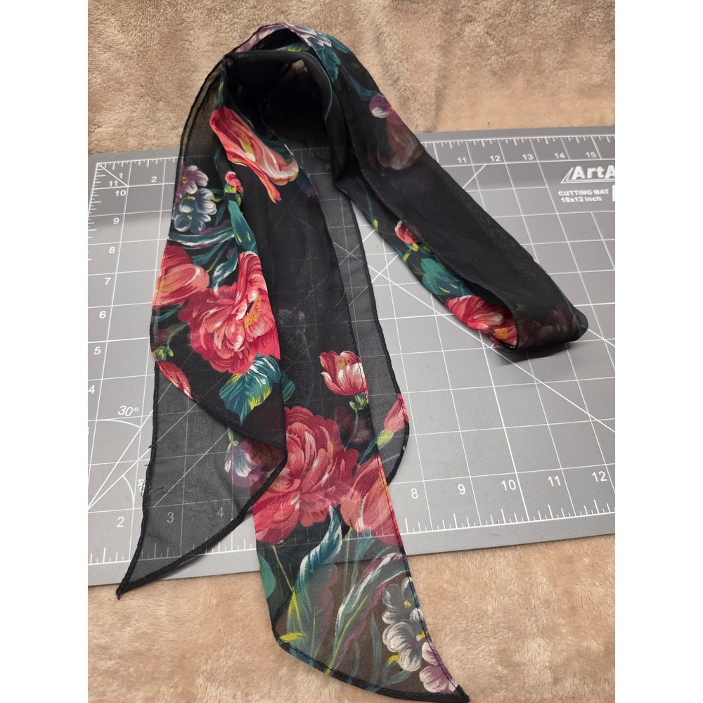 Vintage Sheer Black Floral Skinny Scarf Red Rose Print Neck Tie Accessory
